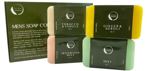 Aura Naturals Mens Soap Bar Set of 4 - Mint, Ironwood Mist, Ginger & Neroli, Tobacco & Vanilla Scented Men Soap for Exfoliating Face Wash, Body & Shower - 150g Each - Luxury Man Spa Gift Pack