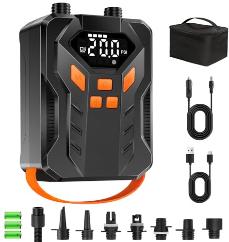 Ladate Rechargeable 20PSI Electric Paddle Board Pump – Dual-Stage Inflation & Deflation, Auto-Off, 7 Nozzles, LED Light, 12V DC Car Connector, Portable SUP Pump for SUP, Inflatable Boat, Tent, Kayak