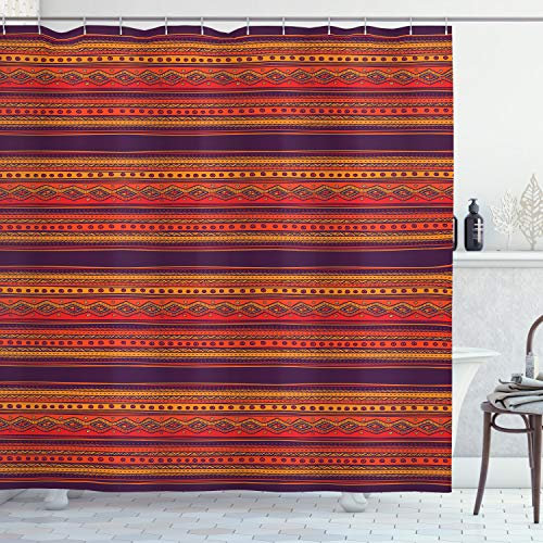 ABAKUHAUS Ethno Boho Duschvorhang, Abstrakte Ethno Doodle, Stoffliches Gewebe Badezimmerdekorationsset mit Haken, 175 x 200 cm, Orange Rot Plum