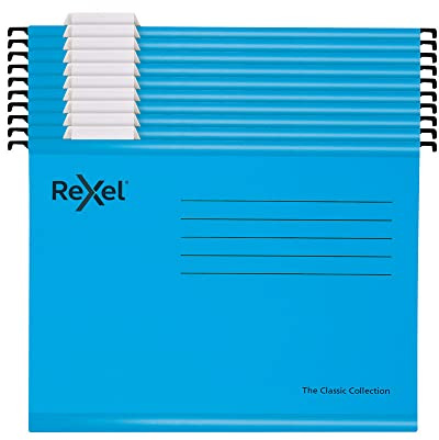 Rexel Classic Foolscap Reinforced Filing Cabinet Suspension Files with Dividers, 15 mm V base, 100 Percent Recycled Card, Blue, Pack of 10, 2115594