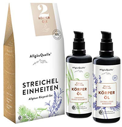 AllgäuQuelle® BIO Körperöl Set STREICHEL EINHEITEN | Geschenkset Naturkosmetik | 2 x 100 ml Bio Körperöle pflegen trockene Haut mit Sesam, Jojoba, Avocado und Shea | mit naturreinen ätherischen Ölen