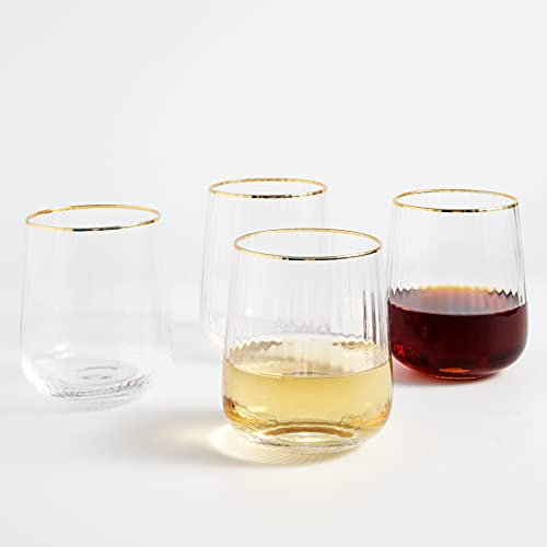 Lysenn Stemless Wine Glasses Set of 4, for Red & White Wine, Gold Rim, 15oz