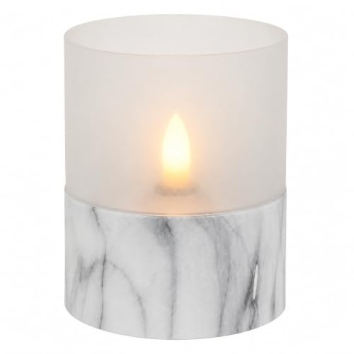 MIJOMA - Elegant LED-ljus i glas varmvit realistisk flamma 6/18 timer batteridrivna elegant blickfång autentisk look och känsla (Ø 8 x höjd 10 cm / sockel marmorutseende vit)