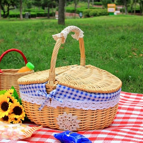 Outdoor Picnic Basket Rattan Willow Flower Basket Shopping Hotel Cleaning Tools Basket Rustic Basket with Lid (blue)