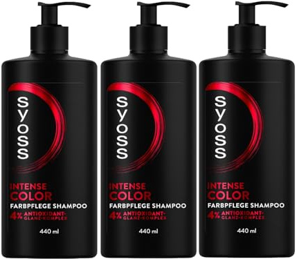 SYOSS Shampoo Intense Color Farbpflege Shampoo (3x 440 ml), Haarshampoo für colorierte, gesträhnte und gefärbte Haare, gibt bis zu 12 Wochen Farbschutz, Formel mit 4% Antioxidant-Glanz-Komplex