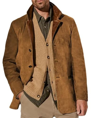 Chalecos Vintage de ante para hombre, Blazer de doble capa con ribete de piel, cuello de cuero, longitud media, blazer para exteriores para otoño e invierno, marrón, L