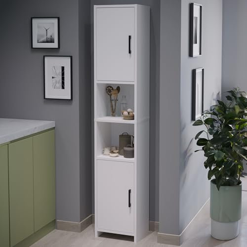 [en.casa] Mueble Baño Rautrina Armario Alto con Compartimetos Abiertos y Cerrados Librería de Salón con 2 Puertas en Aglomerado 180x35x30cm - Blanco