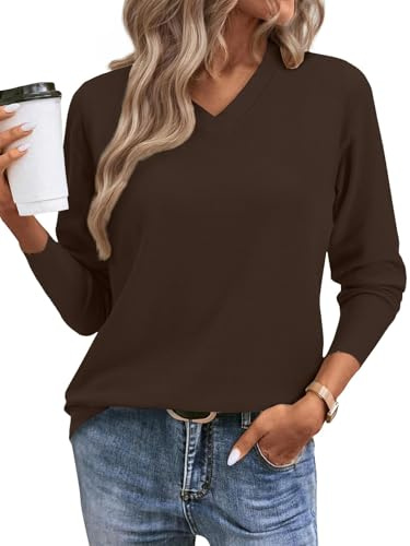 CheChury Femme Pull Col en V Pullover Hiver Mode Chaud Tricot Femme Chic et Elegant Hauts Manche Longue Couleur Unie Cachemire Pull Sweater,Marron,XL