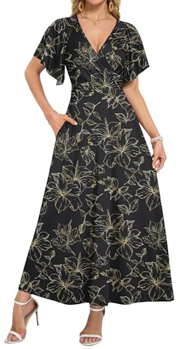 WNEEDU Robe Longue Portefeuille d'été pour Femme avec Poches et col en V | Robe longue élégante à manches volantées Robe pour invitée de mariage à taille empire Soirée Vacances