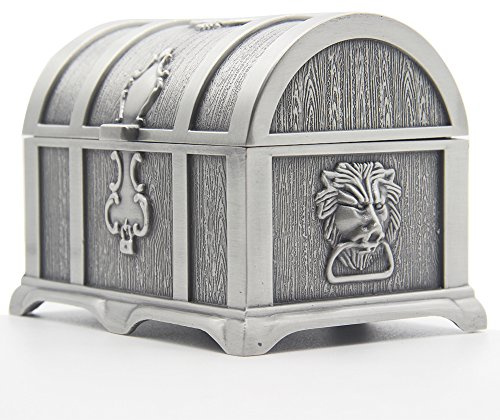 AVESON Rectangle Vintage Metal Treasure Chest Trinket Jewelry Box Gift Box Ring Case for Girls Ladies Women, Medium, Tin Color