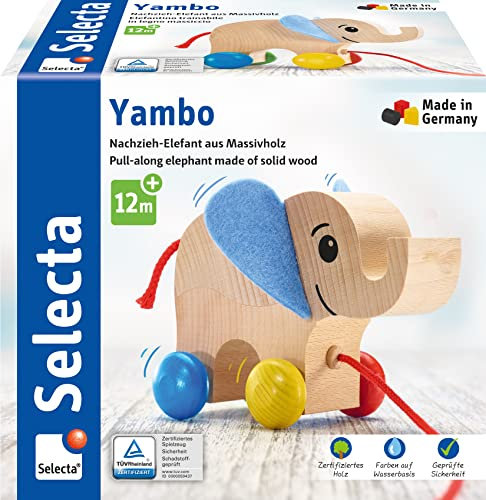 Selecta 62000 Yambo, Nachzieh Elefant, Schiebe-und Nachziehspielzeug aus Holz, 13, 5 cm