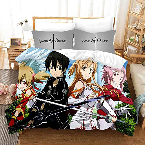 BEDSERG 3D Bettbezug 3-teilig Bettwäsche-Sets Schwertkunst Online Anime 220x240 cm 100% Mikrofaser Enthält 2 Kissen 80x80cm Geeignet für Kinder und Erwachsene