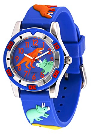 Kiddus Orologio Analogico. Per Bambini 5-10 Anni. Didattico, da Polso per Bambino, Facilità di Lettura dell’Ora. Primo Orologio Bambino. Dino. Blu