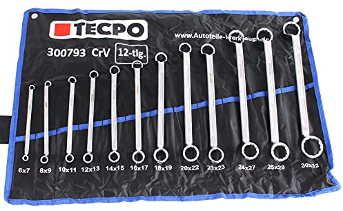 TECPO Doppel Ringschlüssel Satz 12-teilig 6-32mm Cr-V doppel-gekröpft abgewinkelt Set Gabelschlüsselsatz Schraubenschlüsselsatz Maulschlüssel Ringschlüssel