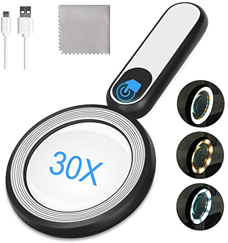 Rechargeable Magnifying Glass with Light, 30X 4.7IN Handheld Large Lightweight Lighted Magnify Len 21 LED 3 Modes Illuminated Book Magnifier forSenior,Reading,Inspection,Coin,JewelryChristmasGift