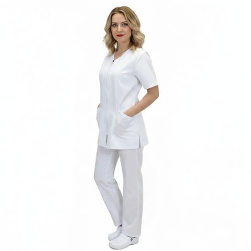 Divisa da lavoro donna,completa,sanitaria,infermiera,oss,ospedaliera,con zip,vari colori (L, BIANCO)