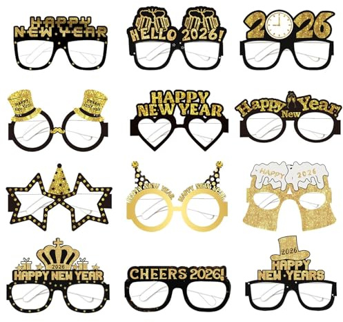 LMSHOWOWO 12 PCS Occhiali Felice Anno Nuovo, 2026 Capodanno Occhiali Gadget, Foto Props di Carta con Happy New Year, per Decorazioni Capodanno 2026
