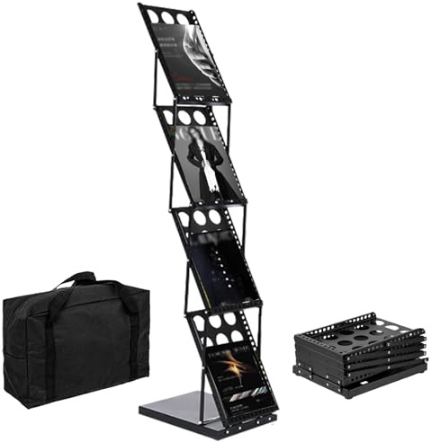 RMNKTHC Soporte plegable para catálogo de 4 niveles con bolsa de almacenamiento Oxford, compatible con A4, estante de hierro para folletos/folletos/revistas (negro)