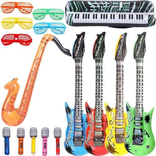 ZeYou Aufblasbare Musikinstrumente, 18 Stück, Rock und Roll-Party, Zubehör, aufblasbar, tragbar, Gitarre und Saxophon, Schattierungsgläser für Partydekorationen
