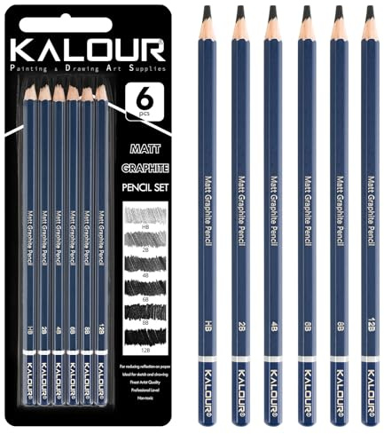 KALOUR PDAS Set de 6 Crayons Graphite Mat (HB, 2B, 4B, 6B, 8B, 12B), Set de Dessin Professionnel, Idéal pour l'Artistique, l'Esquisse, l'Ombre, pour Artistes Débutants