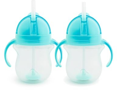 Munchkin Click Lock Set de Tazas con Pajita Tip & Sip, Tazas para Bebé y Niño Pequeño con Pajita, Libre de BPA, Taza a Prueba de Fugas, Pajita con Peso| Botellas para Bebé 207ml, Set de 2, Azul