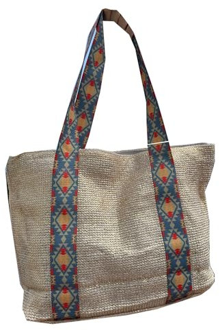 Sac pour femme en paille raphia pour été plage, nacelle en osier fait à la main, grand panier à bandoulière naturel, style ethnique bohème écologique, poignées bleues, marron