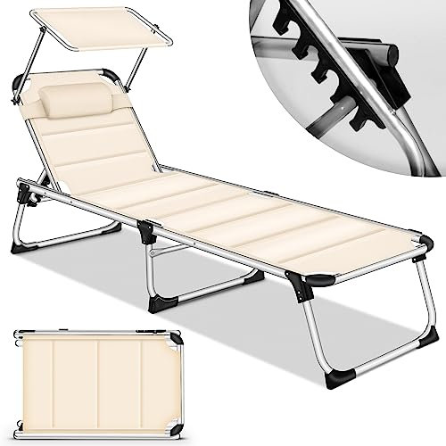 tillvex® Sonnenliege mit Dach und Kopfkissen | Gartenliege Liegestuhl klappbar | Strandliege mit Verstellbarer Rückenlehne | Aluminium Liege (Beige, Liege (mit Polster Premium))