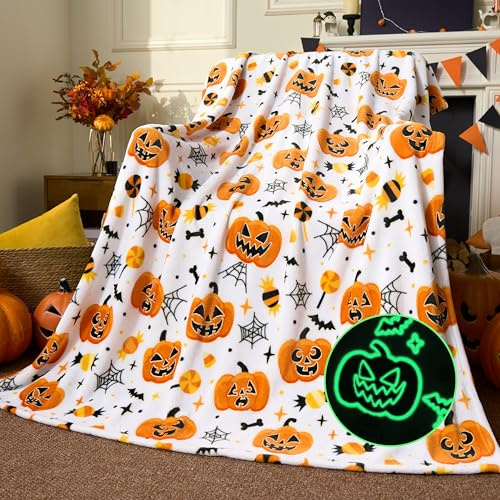 Joiedomi Manta luminosa de Halloween con diseño de calabaza blanca, regalo para niñas de 2 a 12 años, manta suave de franela, 127 x 152 cm, ropa de cama de Halloween, cumpleaños, Navidad, habitación