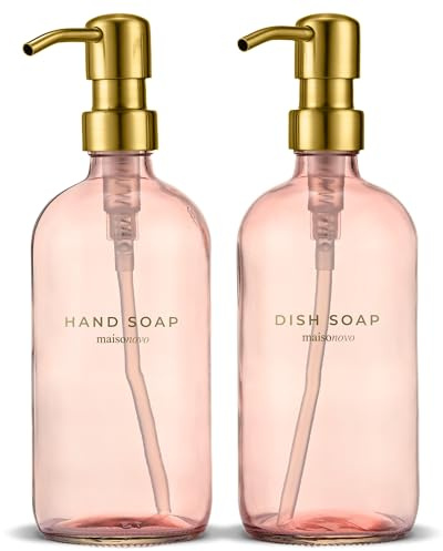 MaisoNovo Spülmittelspender Glas 2er-Set - 500 ml Rosa Spüli Und Seifenspender Küche mit Gold Pumpen, Wasserfeste Etiketten