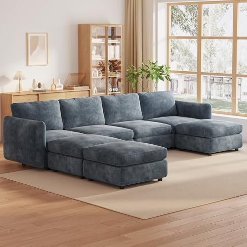 Miuuod Grand canapé sectionnel convertible, canapé modulaire 4 places avec 3 ottomanes de rangement, canapés sectionnels convertibles pour le salon, canapé confortable en forme de U avec chaise, 305