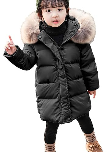 OBiQuzz Giacca trapuntata per ragazze, piumino con cappuccio, giacca invernale calda, in tinta unita, leggera, con chiusura lampo, per bambini (taglia 90-140), Nero , 90