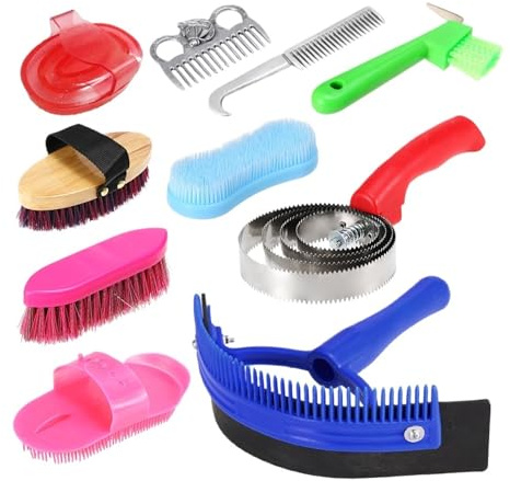10-IN-1 Set di attrezzi for cavallo Kit pulizia Pettine for coda criniera Massaggio Spazzola al curry Raschietto for il sudore Scrubber for zoccoli