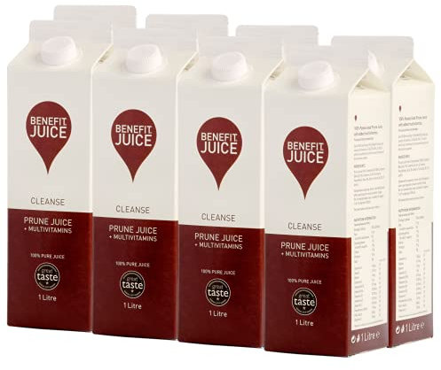 Benefit Drinks Pure Prune Juice - 8 x 1 Litre Cartons - Prune Juice for Constipation with with Vitamin A,C and E- Health Foods - Healthy Drinks