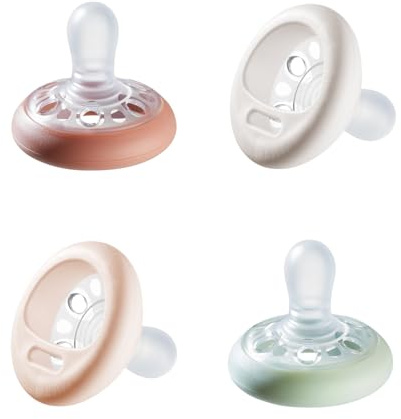 Tommee Tippee Breast-Like Pacifier, 0-6 Months, Symmetrical Design, Natural Breast-Like Baglet, BPA-Free Binkies, Rose/Green/Cream, Pack of 4