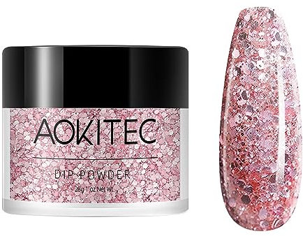 Aokitec 28g Dip Powder Shining Pink Shining Pink Color, Nail Dipping Powder French Powder Pro Collection System Nail Art Starter Manicure Salon DIY at Home, Odor-Free&Long-Lasting, No Needed Nail