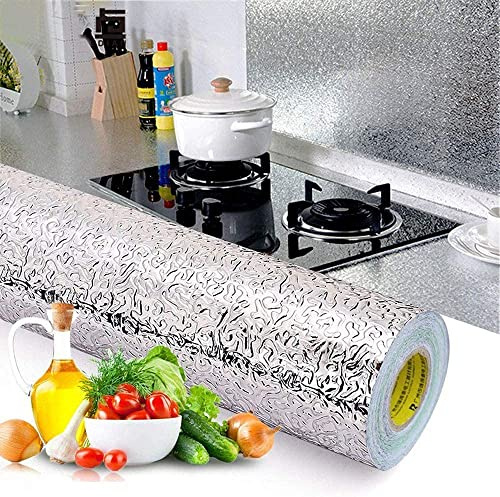 Beminh Kitchen Backsplash Wallpaper Peel and Stick Aluminum Foil Contact Paper Self Adhesive Oil-Proof Waterproof Heat Resistant Wall Sticker for Countertop Drawer Liner Shelf Liner(15.7X394 Inches)
