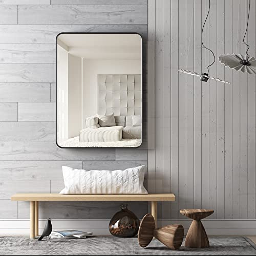 URnicehome 16x24 Inch Black Tempered Glass Rectangle Mirror,Bathroom Mirror for Wall,Metal Decor Frame Anti-Rust Matte Vanity Mirror (Horizontal/Vertical)