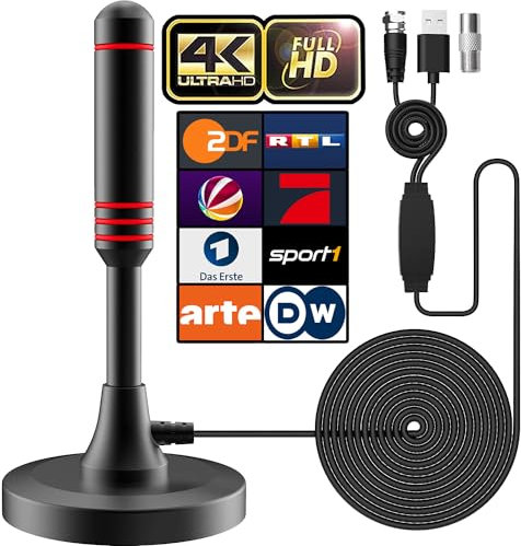 Antenna DVB-T/DVB-T2 con amplificatore, antenna HDTV per TV, ampia portata e ricezione a 360°, base magnetica, cavo 5m, supporta canali HD 4K e tutti i dispositivi TV