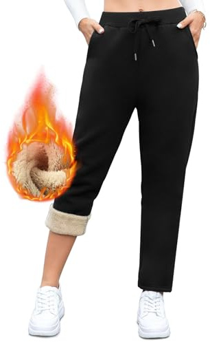 Vorvowry Fleece Lined Joggers Womens Fluffy Sherpa Trousers Warm Thermal Sweatpants Winter Thick Tracksuit Bottoms Drawstring Pockets for Ladies Running Fitness M Straight Leg Black