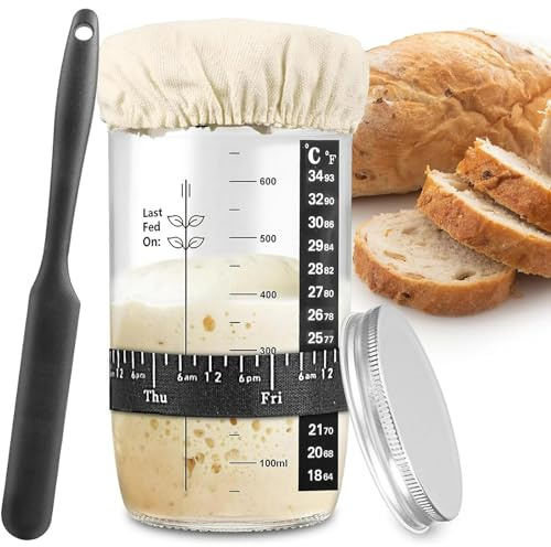 Duffy Sourdough Starter Jar Kit, 1000ml Sourdough Starter Jar with Aluminum Lid, Date Marked Feeding Band, Silicone Scraper, Cloth Cover and Thermometer Band