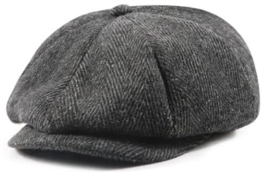 Men Women Wool Blend Newsboy Cap, 8 Panel, Herringbone Tweed, Irish Cabbie Ivy Gatsby Driving Hunting Hat (US, Numeric, 7, 7 1/8, Black)