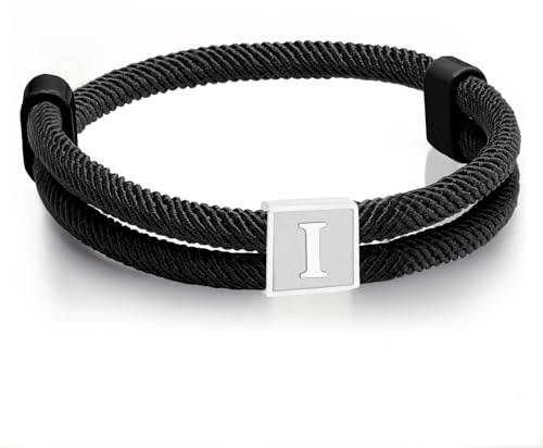 Esmoly Bracciale Uomo Braccialetti con Iniziale Bracciale Personalizzato Corda Intrecciata a Mano Sportivo Surfer Impermeabile Regolabile Regalo Uomo Ragazzo (I)