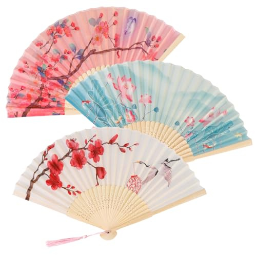 BigKego 3 abanicos orientales plegables de bambú, abanicos ahuecados para sujetar la mano, ventiladores plegables con borla para decoración de pared, regalos, bodas, fiestas de verano