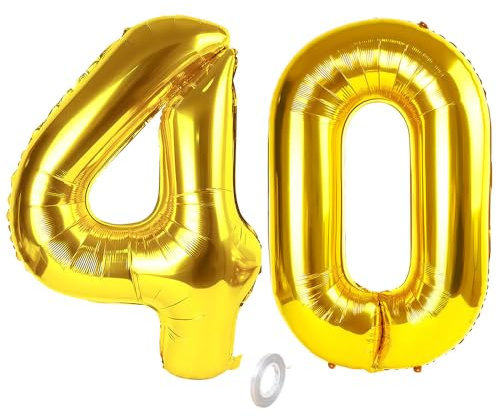 Balorise 40 Pollici Foil Palloncino Oro Numero 40, Gonfiabili Elio, Grande Numeri 0-9, 10-100 (101cm), Decorazione di Alluminio Palloncini per Festa di Compleanno Anniversario