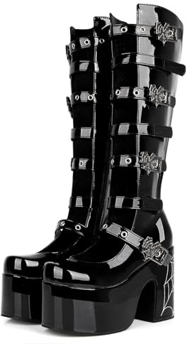 SEIFIN Women's Gothic Lolita Boots Platform Open Front Knee High Chunky Wedge Heels Y2K Buckle Strap Patent Leather Motorcycle Combat Booties,Black,US9