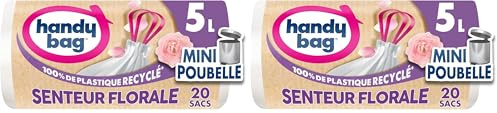 Handy Bag - Sacs poubelle salle de bains à poignées coulissantes senteur florale 5L x 20 sacs - Spécial mini poubelles - Étanchéité maximale - Fond anti-fuite - 100% plastique recyclé (Lot de 2)