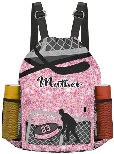 LiSoAkWE Personalized Drawstring Bag with Name,Candy Glitter Ice Hockey Player Number Travel Sport Bag for Gym Boys Girls Adult