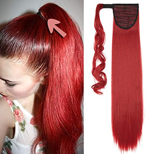 26(66cm) Coleta Postiza Larga Pelo Sintético Se Ve Natural Lisa [Rojo Oscuro] Extensiones de Cabello Clip Cola Ponytail Extension (100g)
