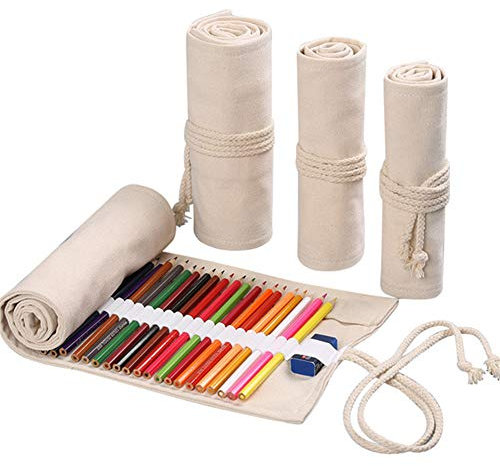 DUBENS Farbige Bleistift Halter Fall, Slots Leinwand Wrap Pouch Federmäppchen Set für Kinder und Erwachsene, Reise Zeichnung Färbung Rolle Organizer (Weiß, 24 Holes)