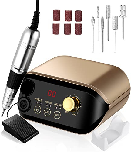 Nagelfräs 35 000 varv/min,elektrisk nagelfil för gelnaglar,manikyr,pedikyrset,professionell nagelborr med LED-dislay-fotpedal och 6 bits nagelvård för nageldesign,nagelstudio och gör-det-själv-manikyr